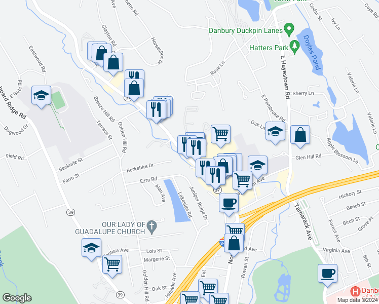 map of restaurants, bars, coffee shops, grocery stores, and more near 5A Padanaram Avenue in Danbury