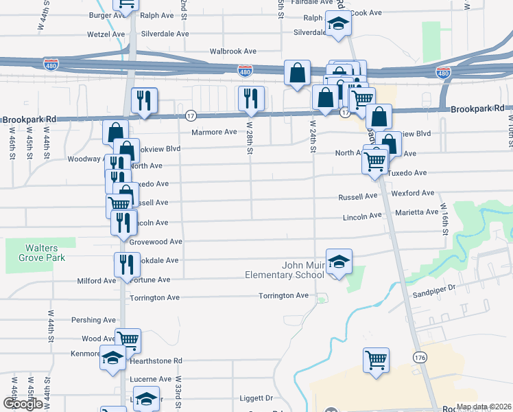map of restaurants, bars, coffee shops, grocery stores, and more near 2713 Russell Avenue in Parma