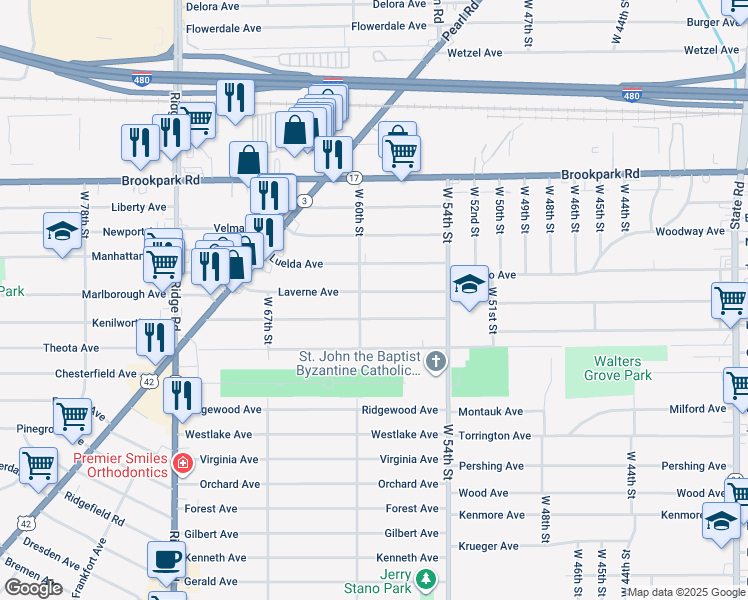 map of restaurants, bars, coffee shops, grocery stores, and more near 5815 Laverne Ave in Parma