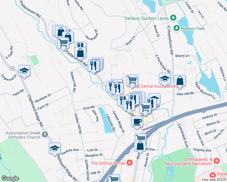map of restaurants, bars, coffee shops, grocery stores, and more near 5A Padanaram Avenue in Danbury