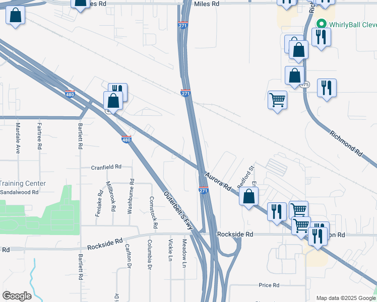 map of restaurants, bars, coffee shops, grocery stores, and more near 24101 Aurora Rd in Bedford Heights