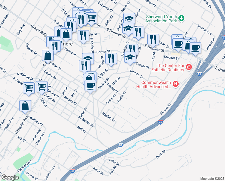 map of restaurants, bars, coffee shops, grocery stores, and more near 230 Oak Street in Dunmore