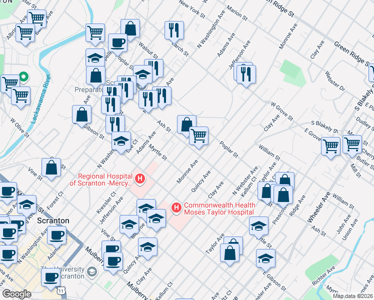 map of restaurants, bars, coffee shops, grocery stores, and more near 948 Madison Avenue in Scranton