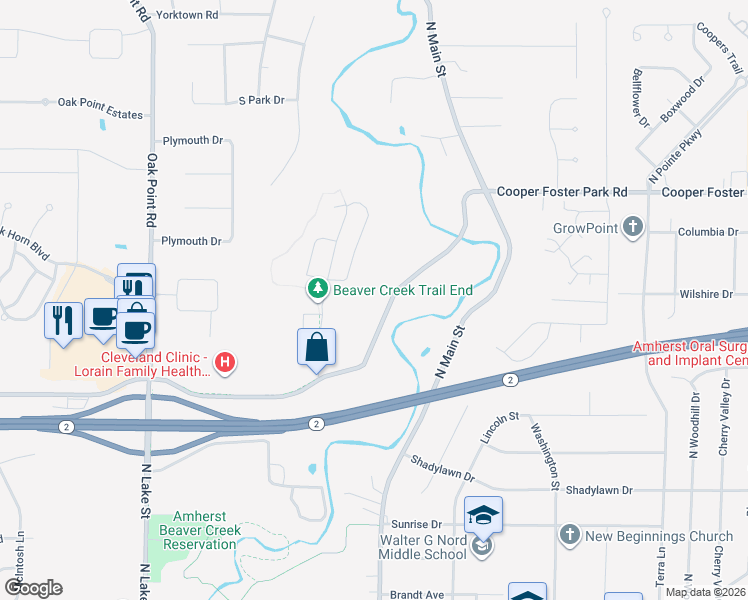 map of restaurants, bars, coffee shops, grocery stores, and more near 47060 Cooper Foster Park Road in Amherst