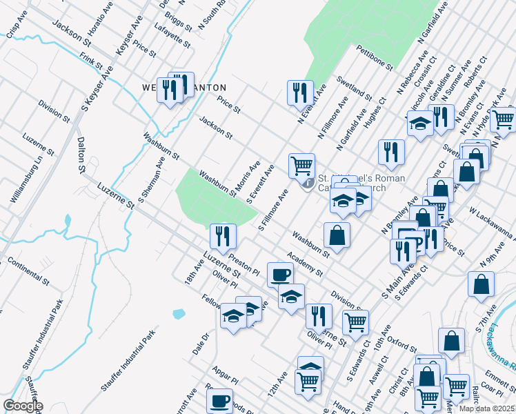 map of restaurants, bars, coffee shops, grocery stores, and more near 1818 Washburn Street in Scranton