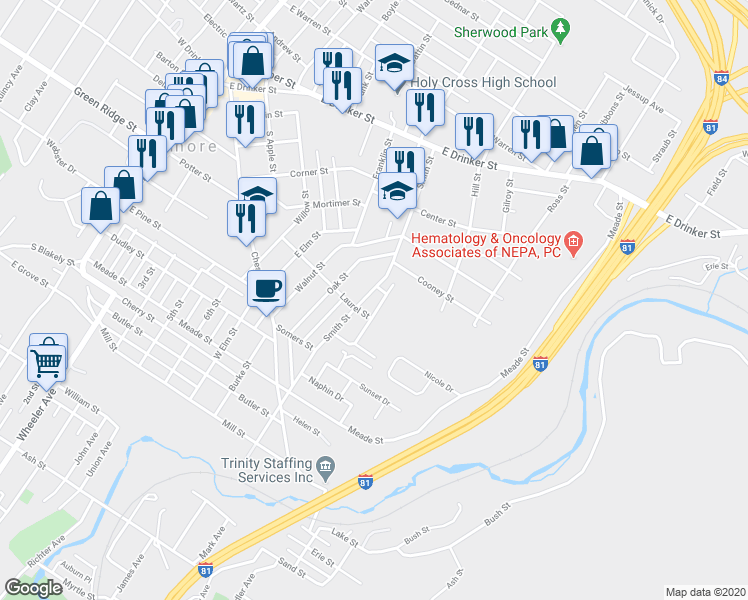 map of restaurants, bars, coffee shops, grocery stores, and more near 339 Smith Street in Dunmore