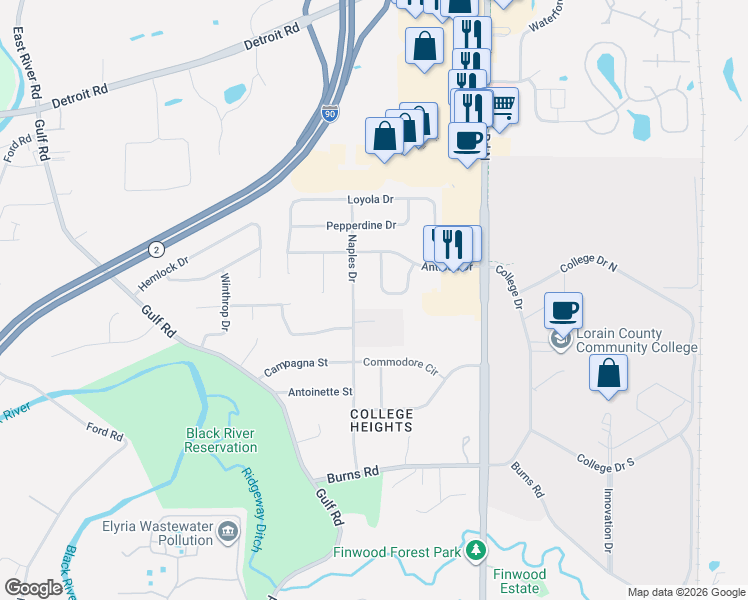 map of restaurants, bars, coffee shops, grocery stores, and more near 148 Villanova Circle in Elyria