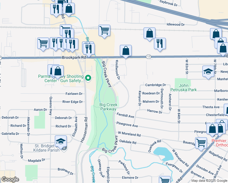 map of restaurants, bars, coffee shops, grocery stores, and more near 5363 Big Creek Parkway in Cleveland