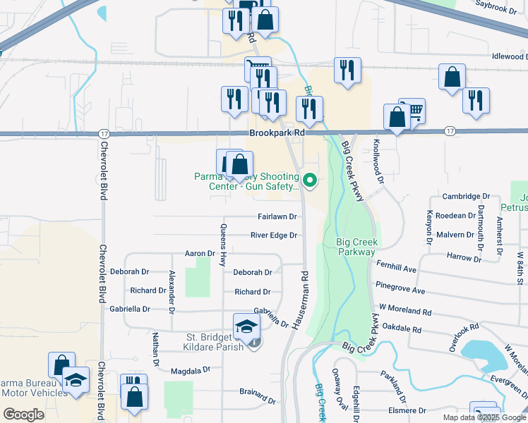 map of restaurants, bars, coffee shops, grocery stores, and more near 10560 Fairlawn Drive in Parma