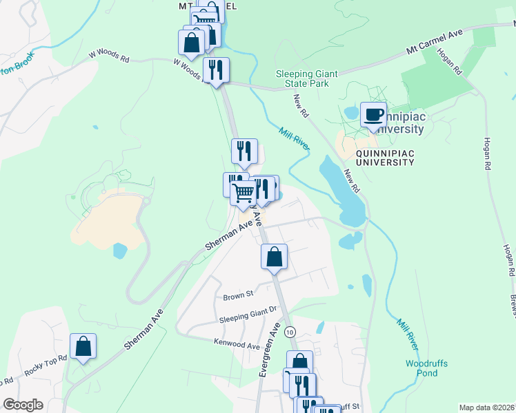 map of restaurants, bars, coffee shops, grocery stores, and more near 3308 Whitney Avenue in Hamden