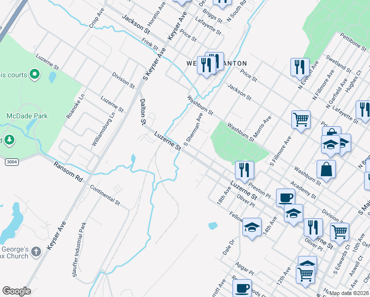 map of restaurants, bars, coffee shops, grocery stores, and more near 2124 Luzerne Street in Scranton