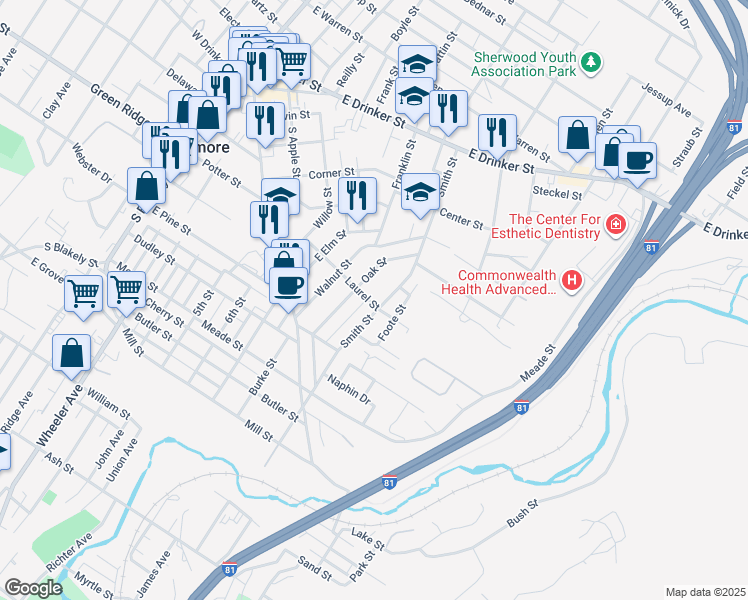 map of restaurants, bars, coffee shops, grocery stores, and more near 230 Oak Street in Dunmore