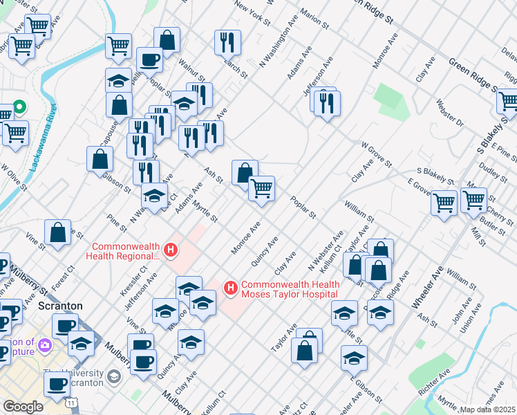 map of restaurants, bars, coffee shops, grocery stores, and more near 948 Madison Avenue in Scranton