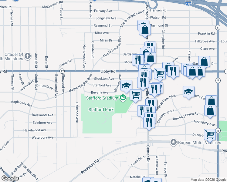 map of restaurants, bars, coffee shops, grocery stores, and more near 19617 Beverly Avenue in Maple Heights