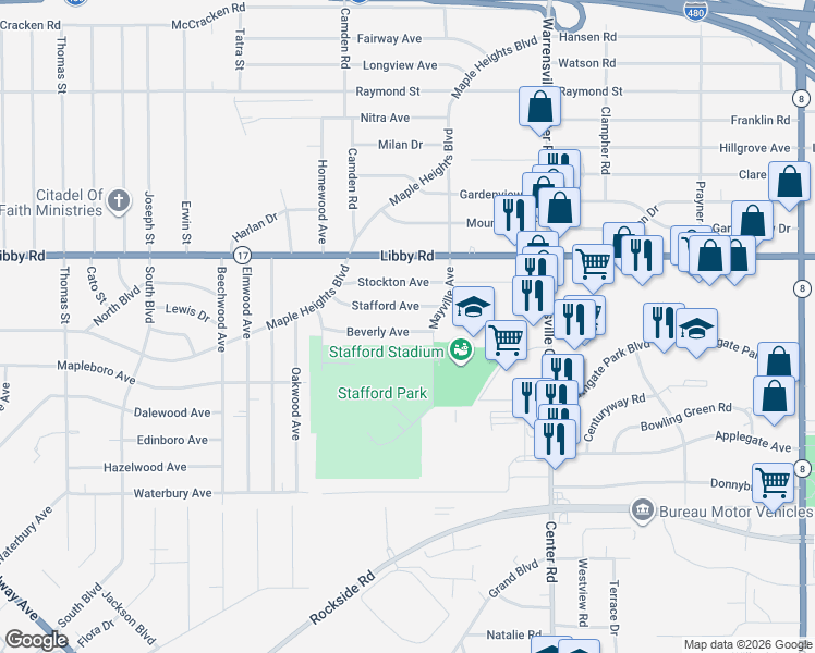 map of restaurants, bars, coffee shops, grocery stores, and more near 19513 Beverly Avenue in Maple Heights