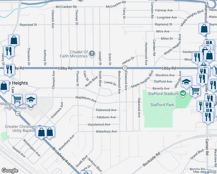 map of restaurants, bars, coffee shops, grocery stores, and more near 18301 Knoll Lane in Maple Heights