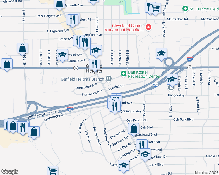 map of restaurants, bars, coffee shops, grocery stores, and more near 11509 Tonsing Drive in Garfield Heights