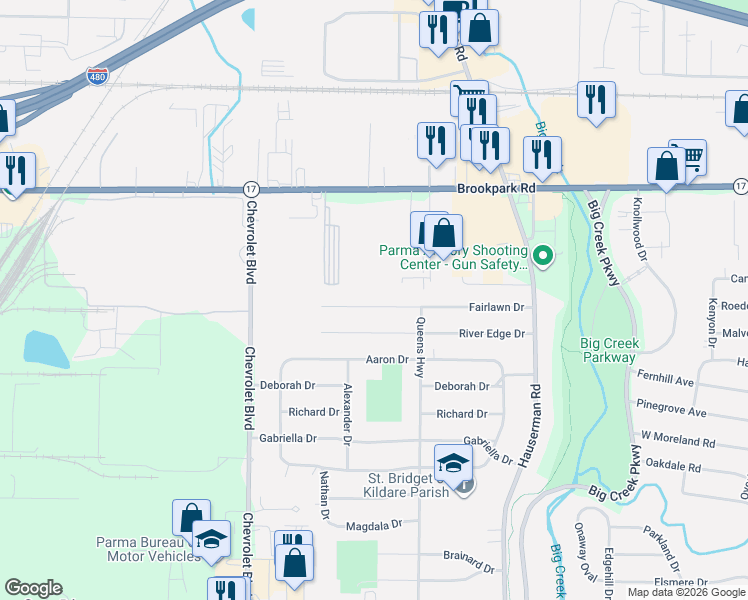 map of restaurants, bars, coffee shops, grocery stores, and more near 11060 Fairlawn Drive in Parma