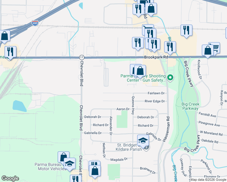 map of restaurants, bars, coffee shops, grocery stores, and more near 11250 Fairlawn Drive in Parma