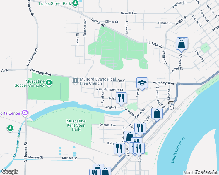 map of restaurants, bars, coffee shops, grocery stores, and more near 2009 New Hampshire Street in Muscatine