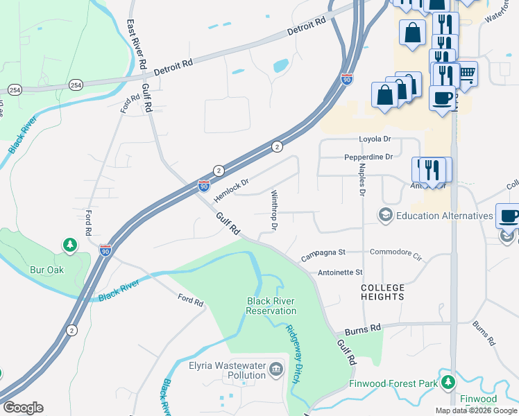 map of restaurants, bars, coffee shops, grocery stores, and more near 115 Huntington Cir in Elyria