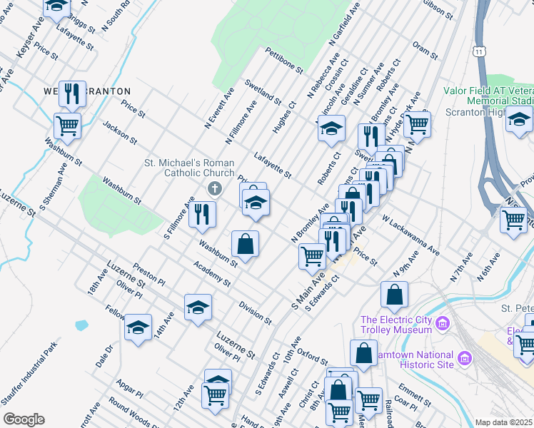 map of restaurants, bars, coffee shops, grocery stores, and more near 116 N Lincoln Ave in Scranton