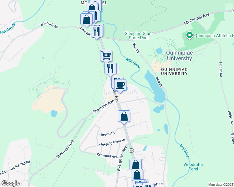 map of restaurants, bars, coffee shops, grocery stores, and more near 3409 Whitney Avenue in Hamden