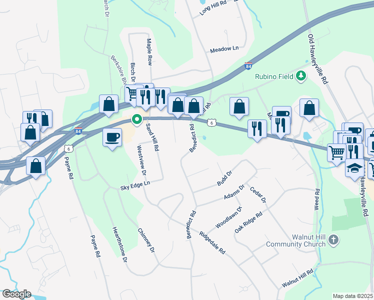 map of restaurants, bars, coffee shops, grocery stores, and more near 74 Benedict Road in Bethel
