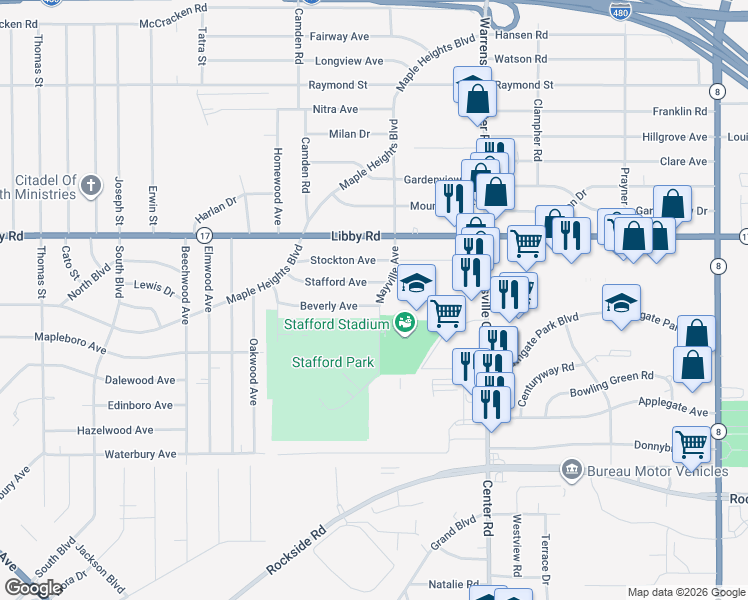map of restaurants, bars, coffee shops, grocery stores, and more near 19617 Beverly Avenue in Maple Heights