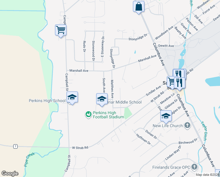 map of restaurants, bars, coffee shops, grocery stores, and more near 3613 Matthes Avenue in Sandusky