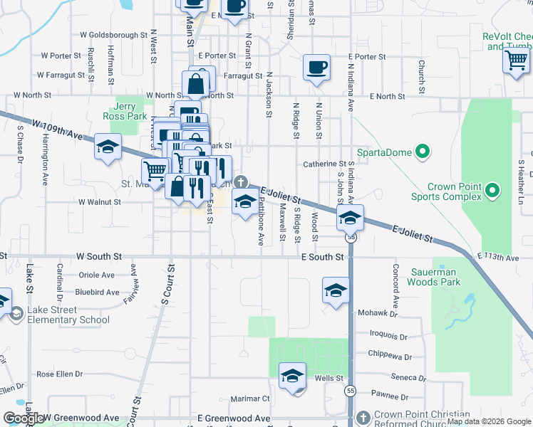 map of restaurants, bars, coffee shops, grocery stores, and more near 230 Pettibone Avenue in Crown Point
