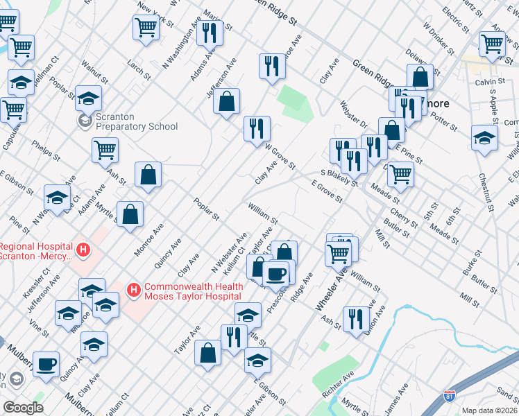 map of restaurants, bars, coffee shops, grocery stores, and more near 135 William Street in Dunmore