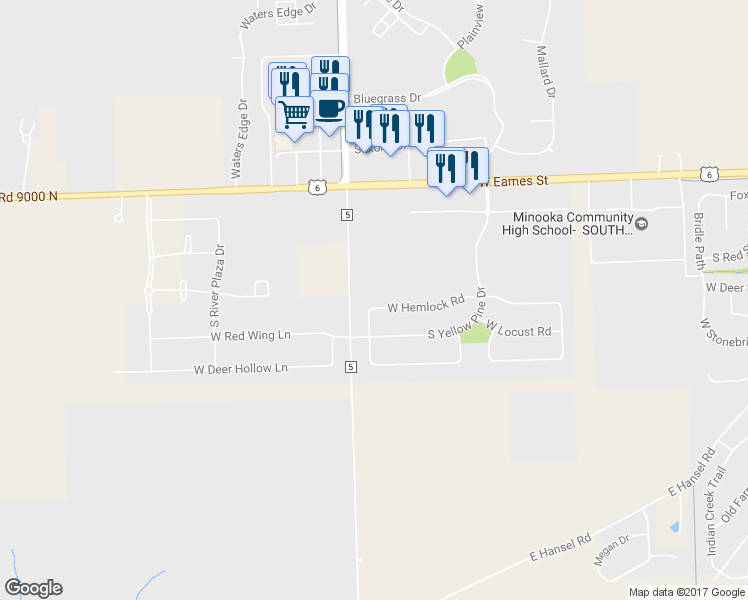 map of restaurants, bars, coffee shops, grocery stores, and more near 27142 West Hemlock Road in Channahon