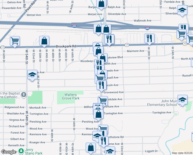 map of restaurants, bars, coffee shops, grocery stores, and more near 3706 Russell Avenue in Parma