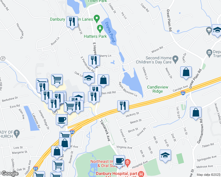 map of restaurants, bars, coffee shops, grocery stores, and more near 8 Glen Hill Road in Danbury