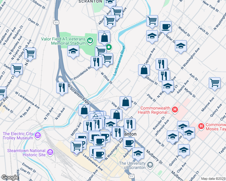 map of restaurants, bars, coffee shops, grocery stores, and more near 538 Gordon Ave in Scranton