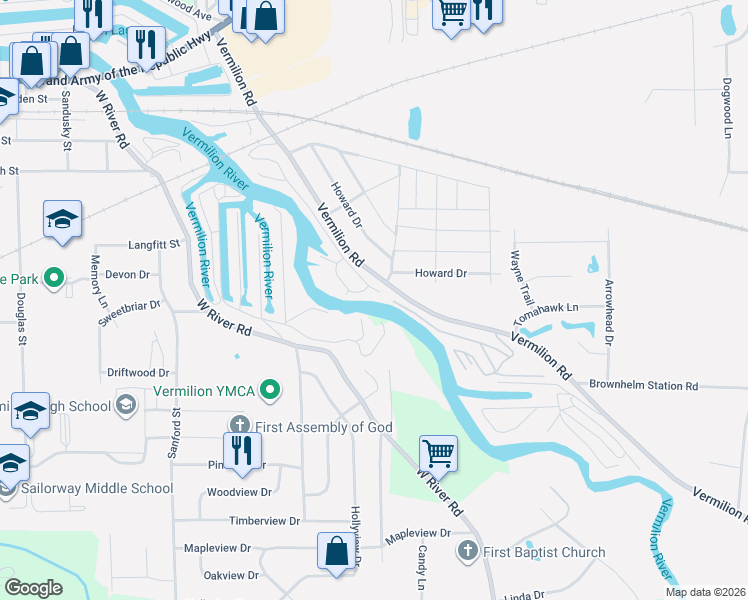 map of restaurants, bars, coffee shops, grocery stores, and more near 1027 Riverside Dr in Vermilion
