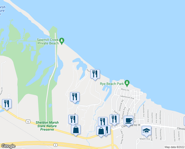 map of restaurants, bars, coffee shops, grocery stores, and more near 609 Mariner Village in Huron