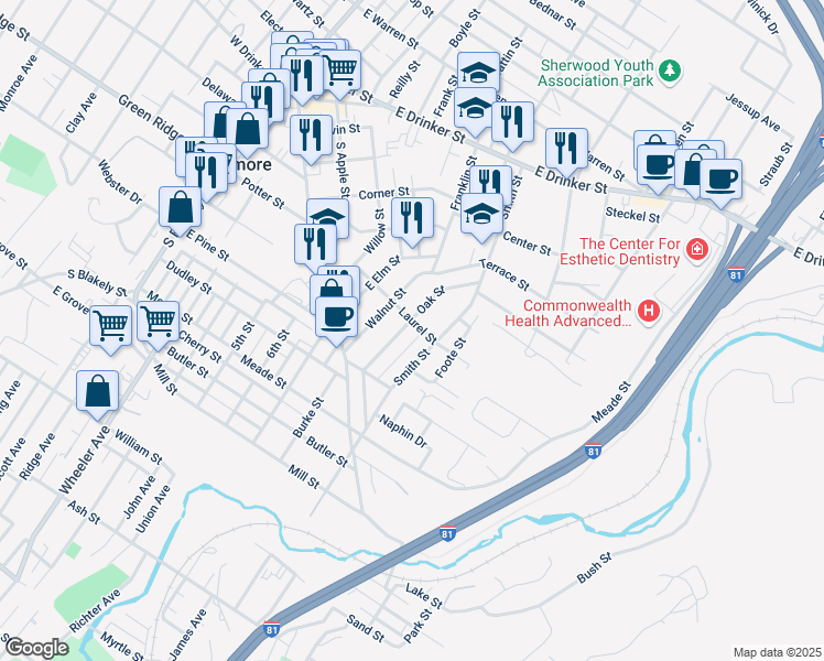 map of restaurants, bars, coffee shops, grocery stores, and more near 230 Oak St in Dunmore