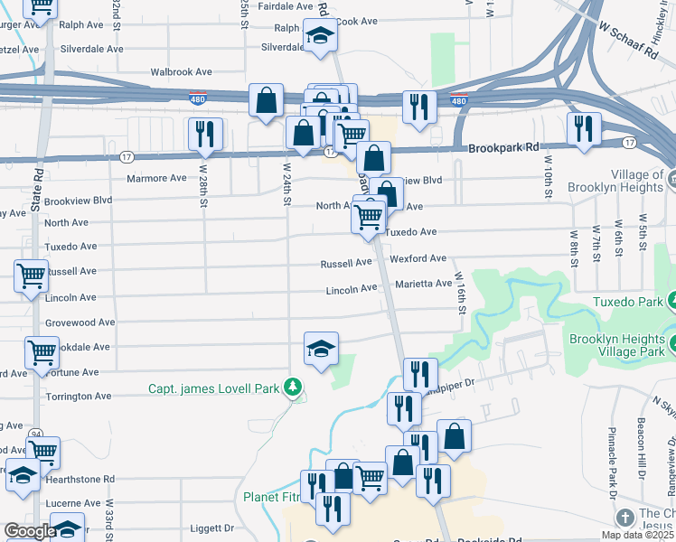 map of restaurants, bars, coffee shops, grocery stores, and more near 2131 Russell Avenue in Parma
