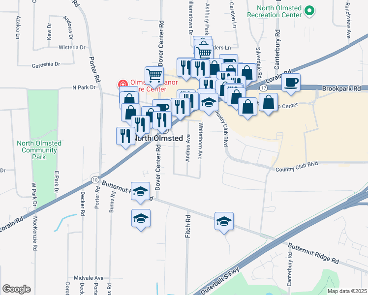 map of restaurants, bars, coffee shops, grocery stores, and more near 5116 Andrus Ave in North Olmsted