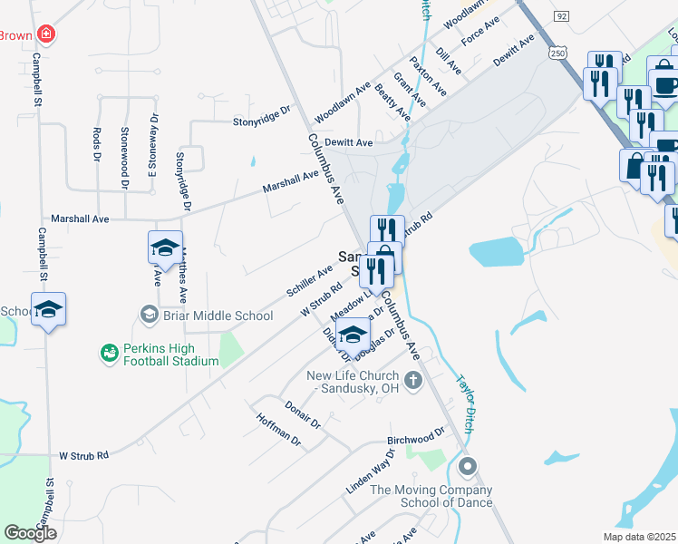map of restaurants, bars, coffee shops, grocery stores, and more near 114 Schiller Avenue in Sandusky