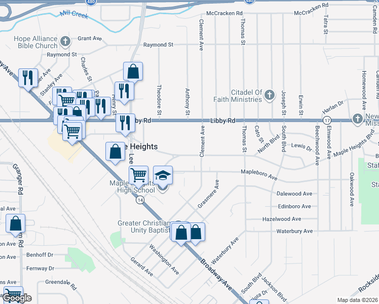 map of restaurants, bars, coffee shops, grocery stores, and more near 17011 Maple Heights Boulevard in Maple Heights