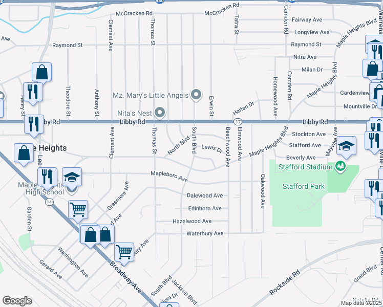 map of restaurants, bars, coffee shops, grocery stores, and more near 5366 South Boulevard in Maple Heights