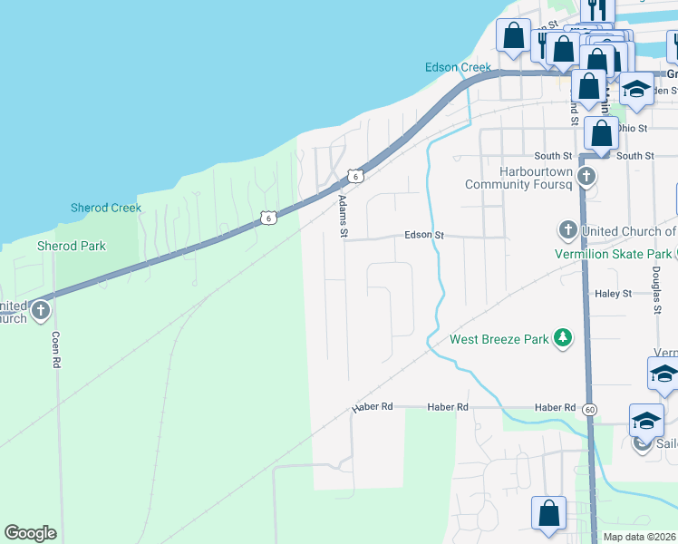 map of restaurants, bars, coffee shops, grocery stores, and more near 1048 Adams St in Vermilion