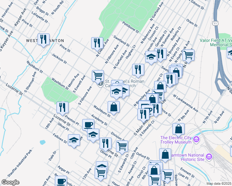 map of restaurants, bars, coffee shops, grocery stores, and more near 1510 Jackson Street in Scranton