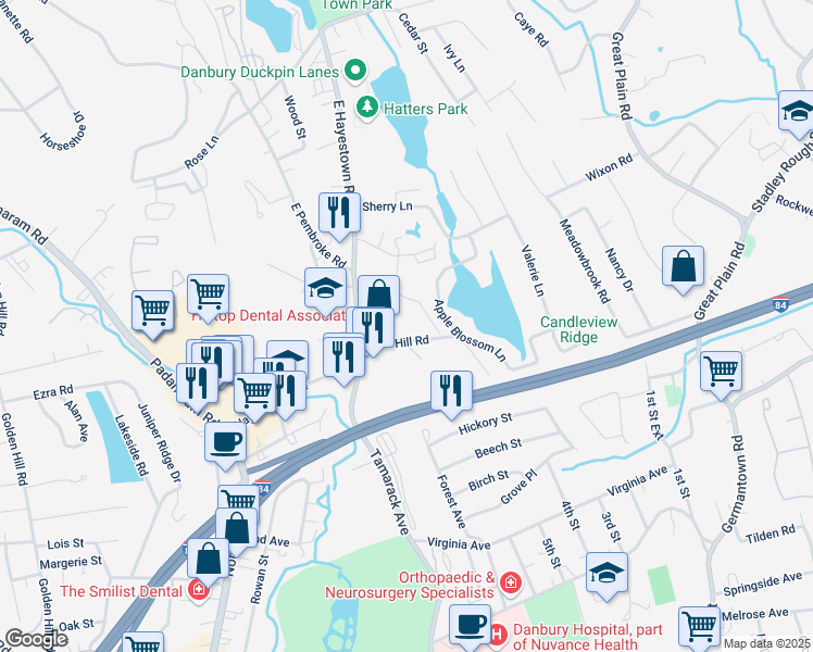 map of restaurants, bars, coffee shops, grocery stores, and more near 8 Glen Hill Road in Danbury