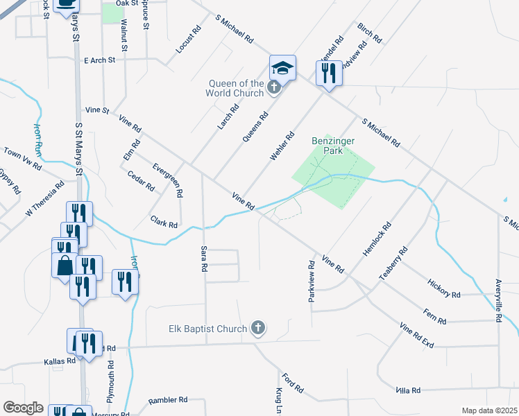 map of restaurants, bars, coffee shops, grocery stores, and more near 819-821 Vine Road in Saint Marys
