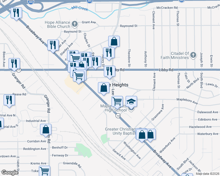 map of restaurants, bars, coffee shops, grocery stores, and more near 5370 Lee Road in Maple Heights