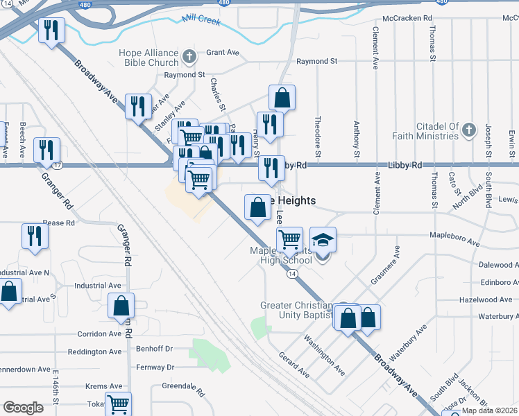 map of restaurants, bars, coffee shops, grocery stores, and more near 5370 Lee Road in Maple Heights